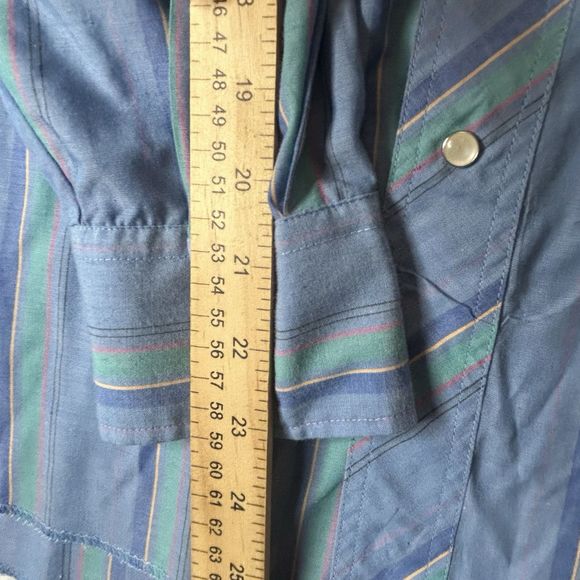 Wrangler Mens Cowboy Cut Western Pearl Snap Striped 17x34 Xtra Long Tails Blue - Picture 7 of 7